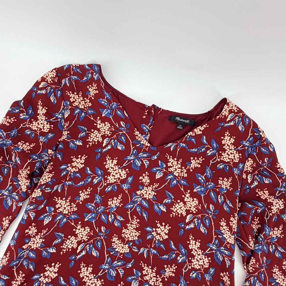 Madewell Button-Back Shift Dress XS Floral Burgundy‎ Long Sleeve V-Neck